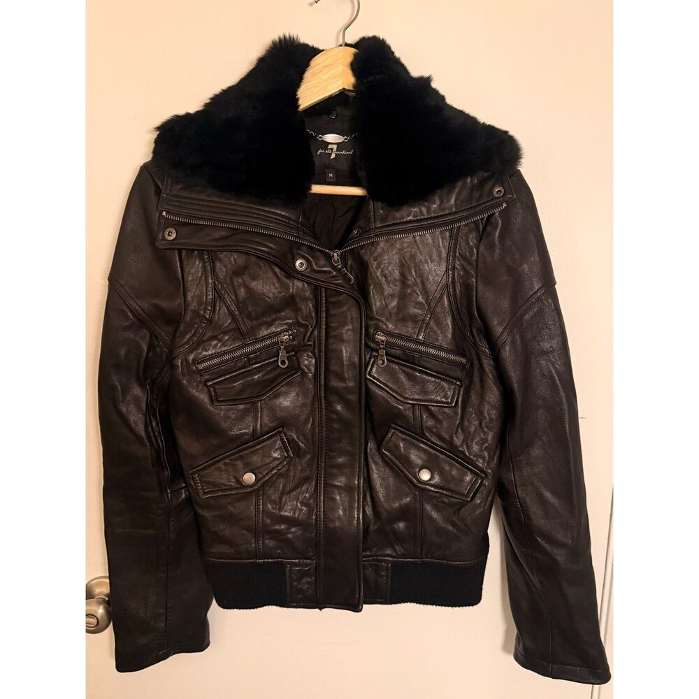 7 For All Mankind Black Lambskin Leather Moto Jacket Detachable Rabbit Fur